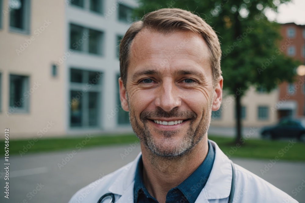 Close portrait of a smiling 40s Estonian man doctor looking at the camera, Estonian hospital blurred background Close portrait of a smiling 40s Estonian man doctor looking at the camera, Estonian hospital blurred background