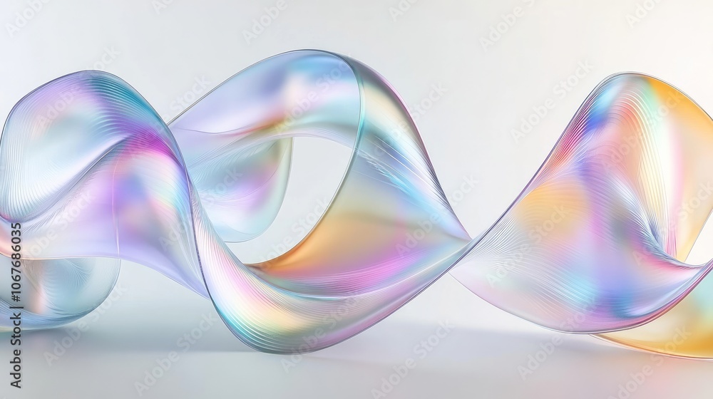 Geometric holographic ribbon in transparent wavy glass or plastic in soft flowing gradient shapes for banners and covers Geometric holographic ribbon in transparent wavy glass or plastic in soft flowing gradient shapes for banners and covers