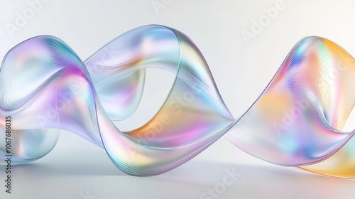 Geometric holographic ribbon in transparent wavy glass or plastic in soft flowing gradient shapes for banners and covers