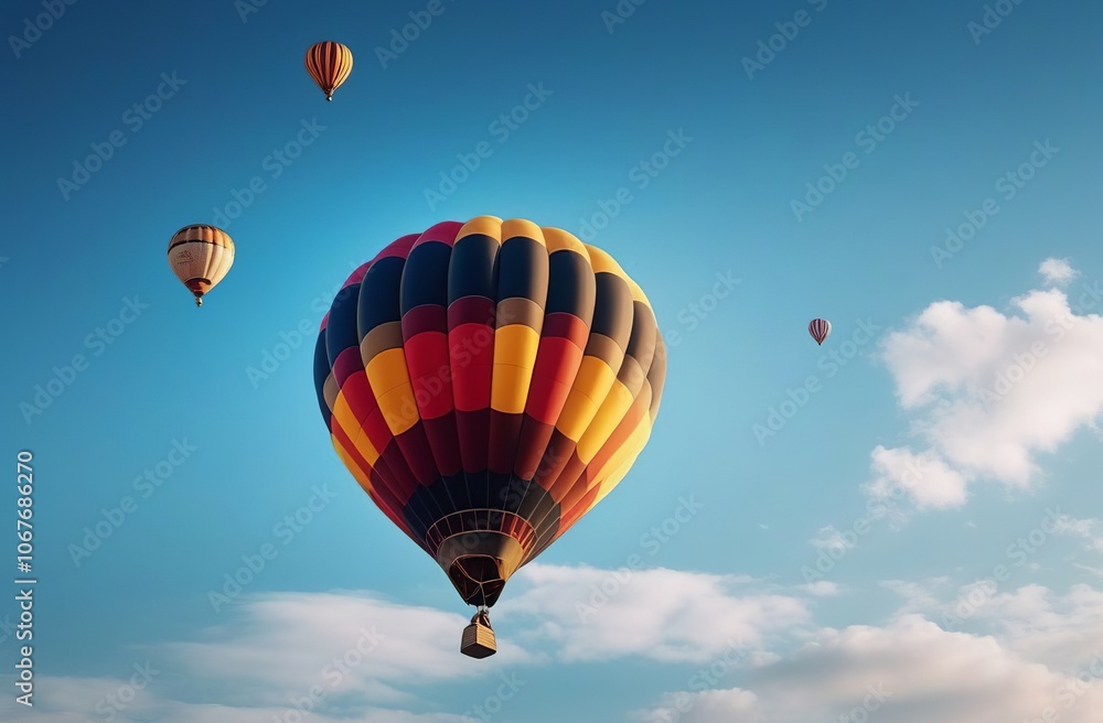 Naklejka premium Lots Hot air balloons in the air. Colourful Balloon Festival. Aerial view. Nature Landscape background, blue sky. Travel and tourism business banner. Dreamy concept