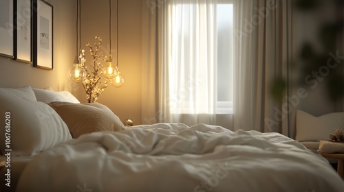 Wallpaper Mural White Bed in a Minimalist Bedroom with a Window and Hanging Lights Torontodigital.ca