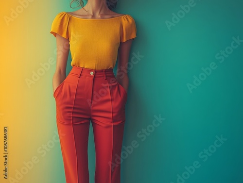 Stylish woman in a yellow top and high-waisted red pants, posed against a gradient yellow to turquoise background. Concept emphasizes bold color contrast, chic fashion, and modern minimalism.