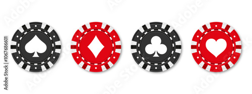 Realistic Poker and casino chips. Isolated casino poker chips. Poker symbols with spades, hearts, diamonds, clubs. Playing gambling chips concept. Vector illustration.