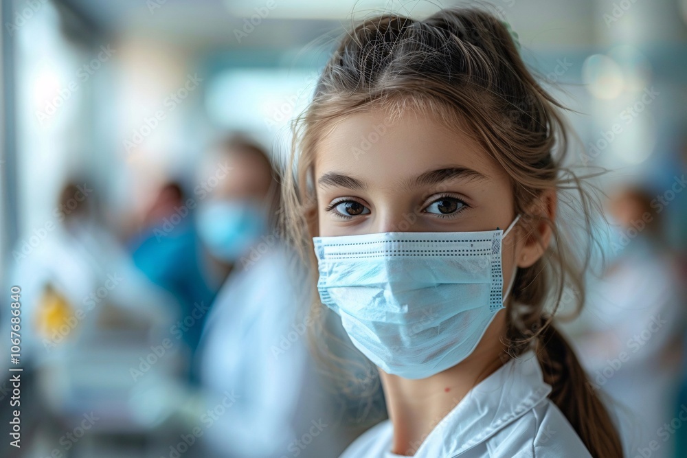 A young girl with a medical mask gazes at the camera while healthcare professionals work in the background of a clinic setting, highlighting a moment of care and safety A young girl with a medical mask gazes at the camera while healthcare professionals work in the background of a clinic setting, highlighting a moment of care and safety