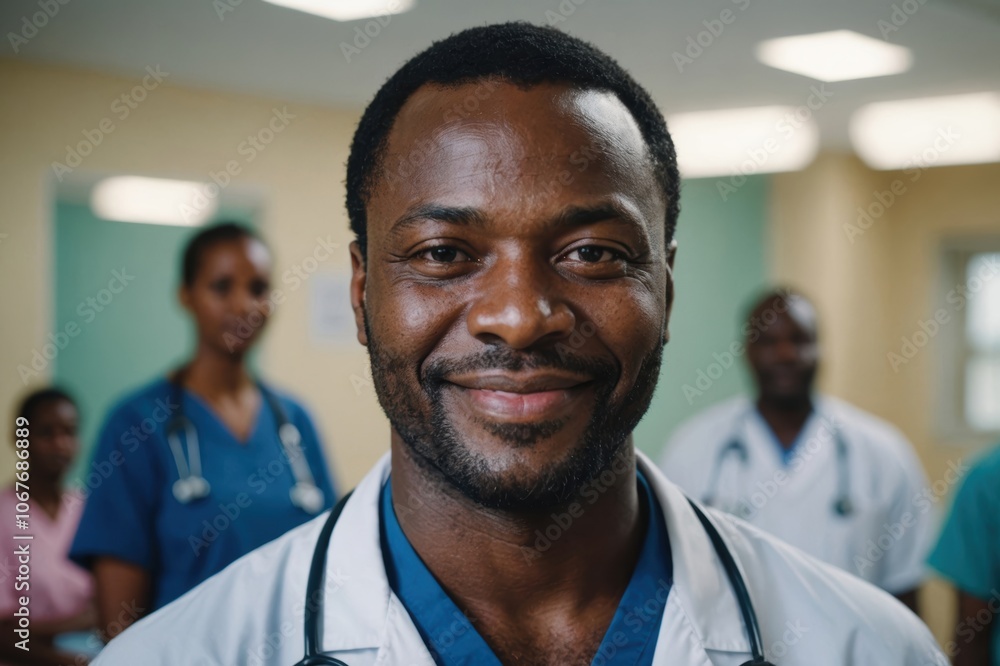 Close portrait of a smiling 40s Gabonese man doctor looking at the camera, Gabonese hospital blurred background Close portrait of a smiling 40s Gabonese man doctor looking at the camera, Gabonese hospital blurred background