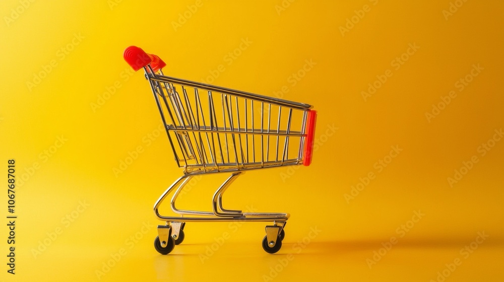 Empty shopping cart on vibrant yellow background Empty shopping cart on vibrant yellow background