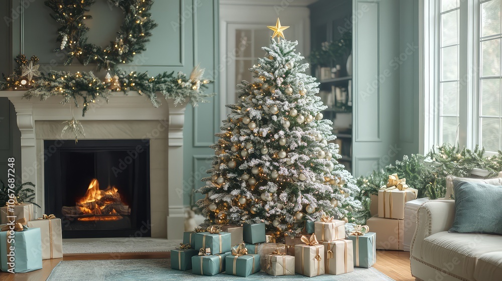 Festive Christmas Tree Adorned with Presents and a Star Topper Festive Christmas Tree Adorned with Presents and a Star Topper