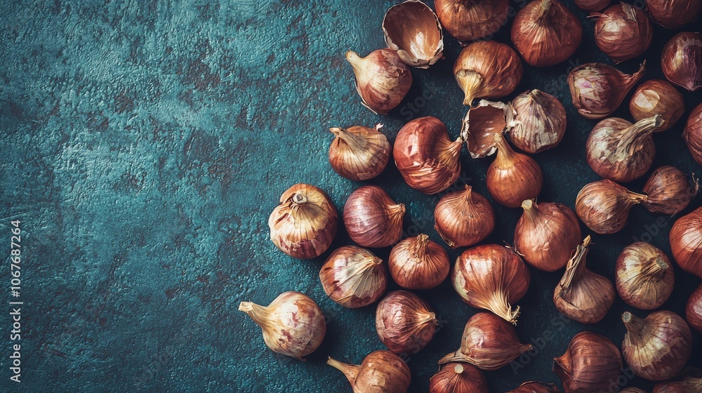 Obraz premium Top view of red onions on rustic blue background