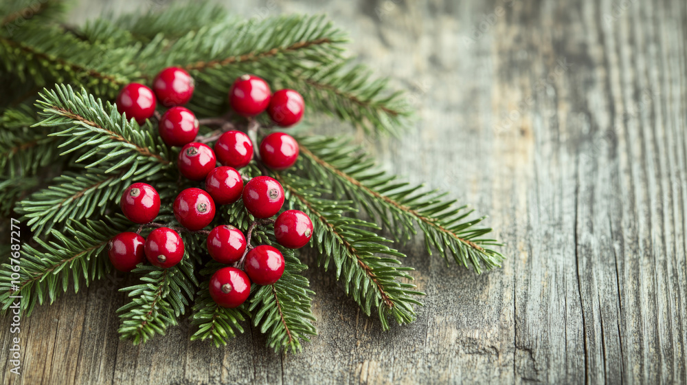 Evergreen branches with red berries lie on a rustic wooden surface. Concept of holiday decoration, nature, and freshness. Evergreen branches with red berries lie on a rustic wooden surface. Concept of holiday decoration, nature, and freshness.