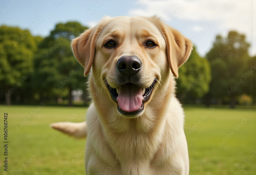 Active, smile and happy purebred labrador retriever dog outdoors in grass park on sunny summer day. Active, smile and happy purebred labrador retriever dog outdoors in grass park on sunny summer day.
