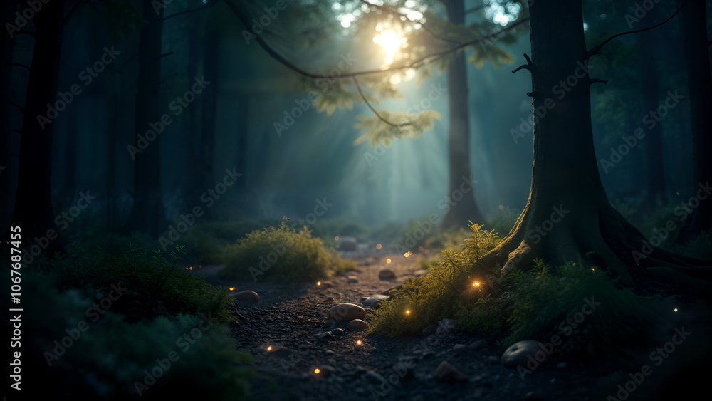 Fototapeta premium Glowing Crystals and Treasures in Forest Clearing