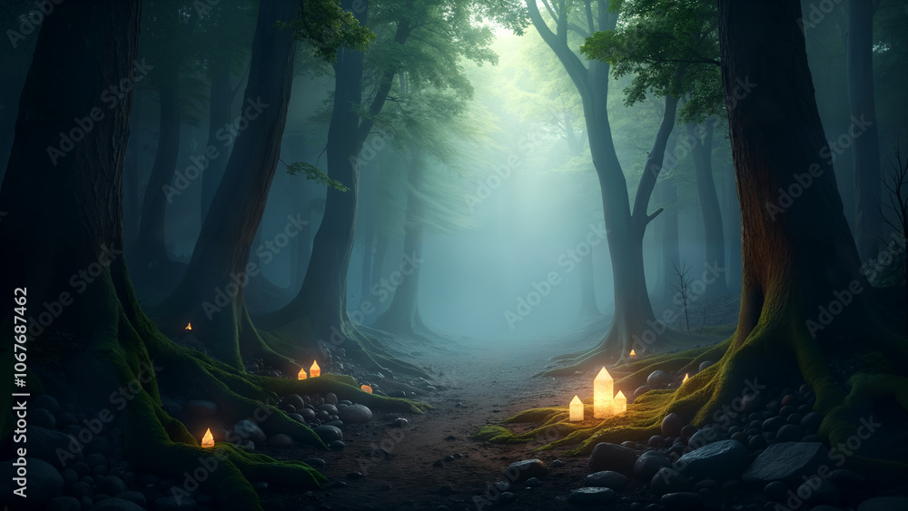Glowing Crystals and Treasures in Forest Clearing Glowing Crystals and Treasures in Forest Clearing
