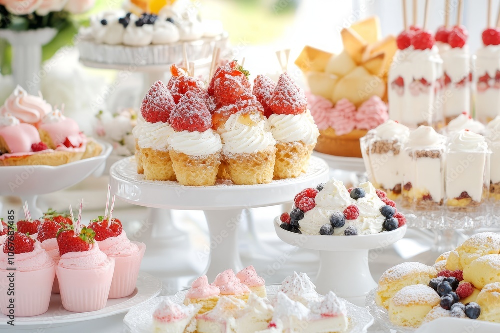Various desserts and sweets on a table, drawing attention to their high sugar content and effects on weight. Various desserts and sweets on a table, drawing attention to their high sugar content and effects on weight.