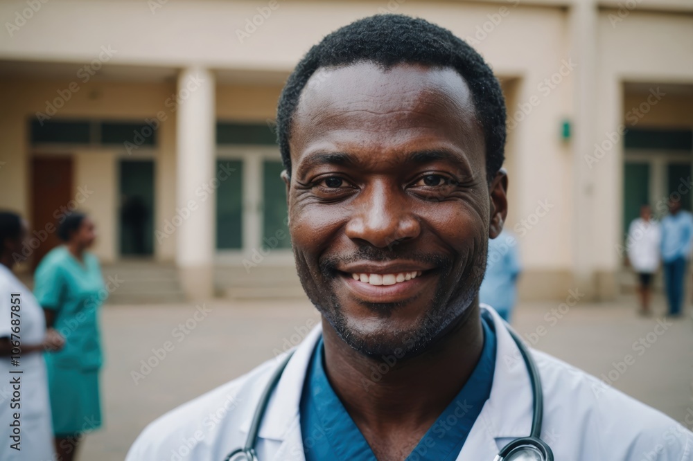 Close portrait of a smiling 40s Guinean man doctor looking at the camera, Guinean hospital blurred background Close portrait of a smiling 40s Guinean man doctor looking at the camera, Guinean hospital blurred background