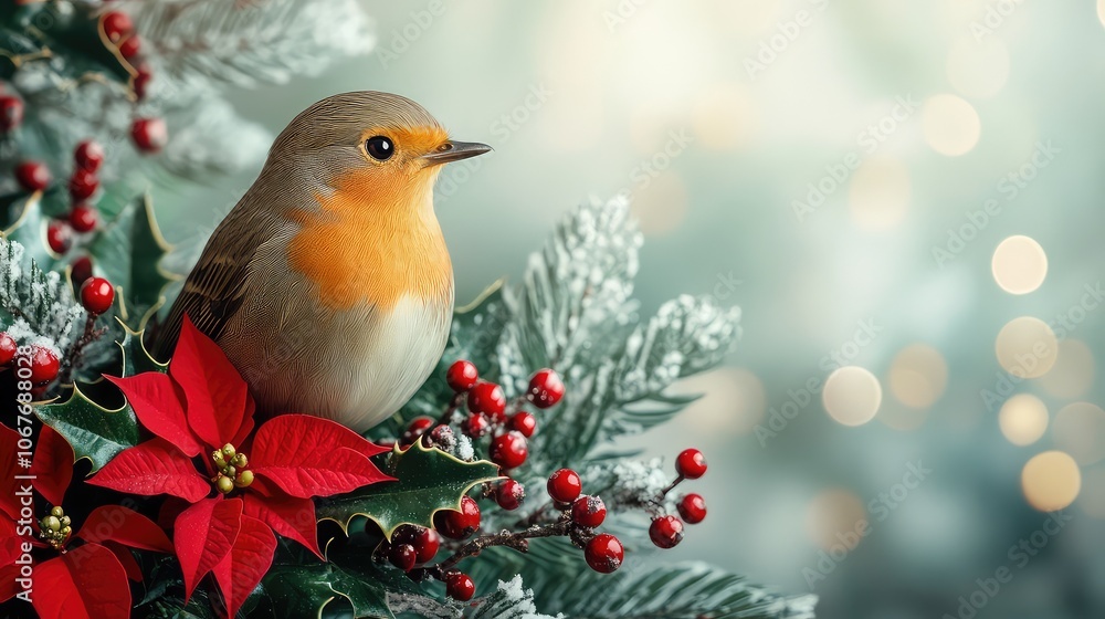 Minimalist Holiday Scene with Christmas Bird Perched on Branch with Holly and Poinsettia Decorations