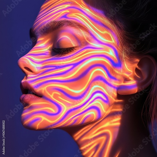 Mesmerizing Neon Swirl Pattern on Woman's Face - Striking and Vibrant Visual Art for Creative and Futuristic Projects