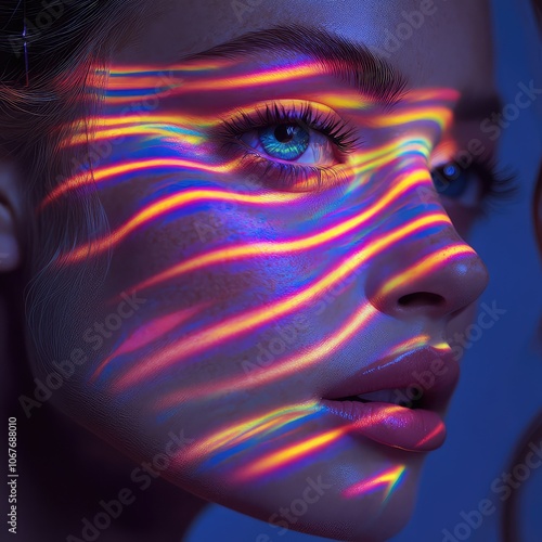 Mesmerizing Neon Swirl Pattern on Woman's Face - Striking and Vibrant Visual Art for Creative and Futuristic Projects