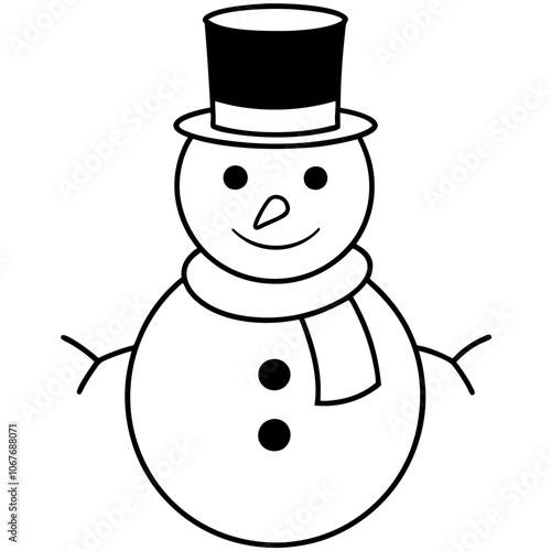 Classic Snowman Illustration – Black and White Winter Icon with Top Hat and Scarf. Jolly Snowman vector silhouette photo