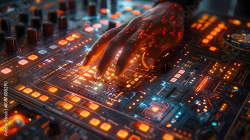 A hand on a glowing DJ mixing board.