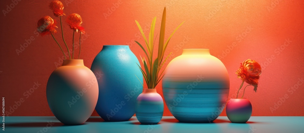 A still life with five vases, three of which are filled with orange flowers, and one with green plant, in front of a bright red wall. A still life with five vases, three of which are filled with orange flowers, and one with green plant, in front of a bright red wall.