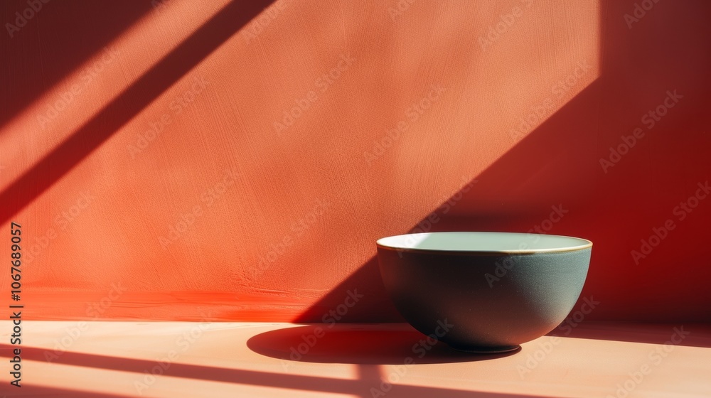 Minimalistic ceramic bowl with shadows on orange background Minimalistic ceramic bowl with shadows on orange background