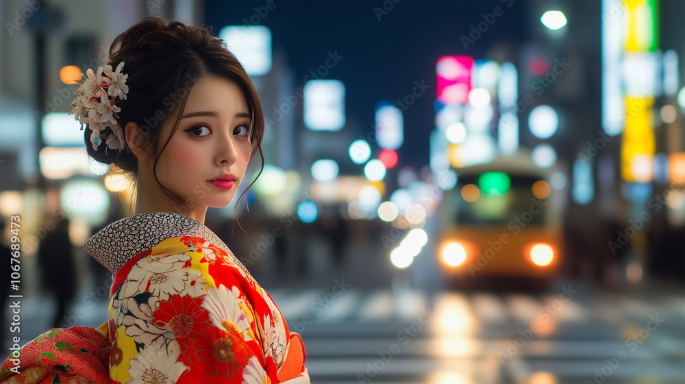 都会の中の着物姿の女性 都会の中の着物姿の女性
