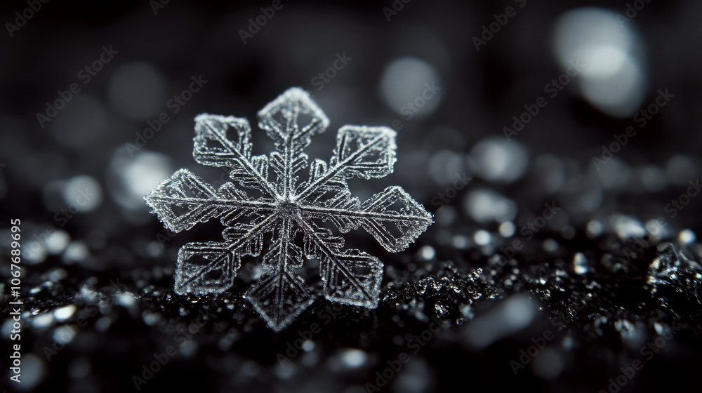 A detailed snowflake rests delicately on a dark surface with blurred sparkles around. Concept of winter, intricacy, and natural beauty. A detailed snowflake rests delicately on a dark surface with blurred sparkles around. Concept of winter, intricacy, and natural beauty.