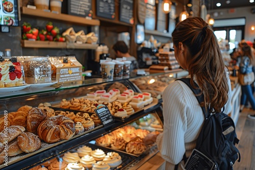 A young woman browses a variety of pastries in a busy bakery, surrounded by customers enjoying their treats. The warm atmosphere is filled with the scent of baked goods