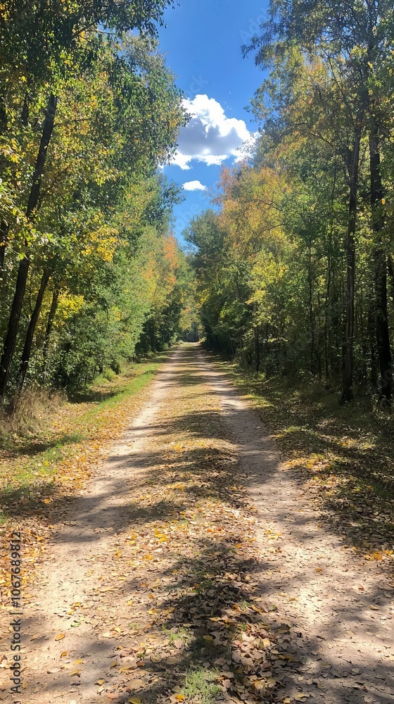 A serene dirt path surrounded by colorful autumn foliage. A serene dirt path surrounded by colorful autumn foliage.