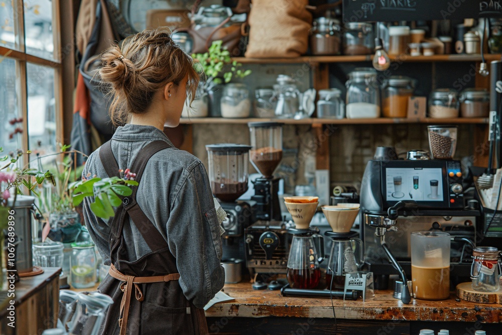 A barista stands at a wooden counter, carefully brewing coffee in a charming cafe filled with greenery and cozy decor. The atmosphere is warm and inviting, perfect for coffee lovers A barista stands at a wooden counter, carefully brewing coffee in a charming cafe filled with greenery and cozy decor. The atmosphere is warm and inviting, perfect for coffee lovers