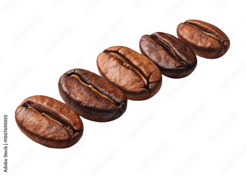 Obraz premium Panoramic coffee beans isolated on white and transparent background, png, wide, copy space