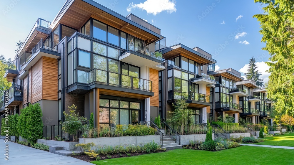 Modern townhouse complex with large windows, wood accents, and green landscaping. Modern townhouse complex with large windows, wood accents, and green landscaping.
