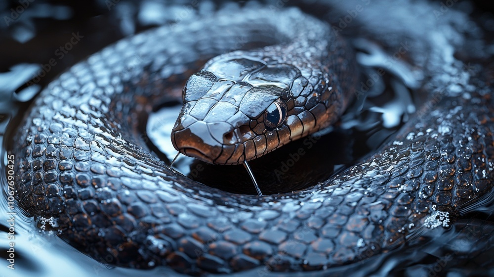 Close-up of a black snake with glossy scales in water Close-up of a black snake with glossy scales in water