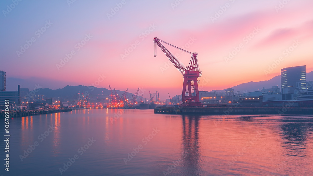 Fototapeta premium 夜明けの神戸港と静寂のクレーン