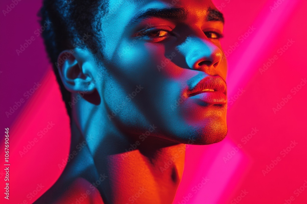 A captivating close-up portrait of a model illuminated by bold neon lighting in blue and red tones. The lighting creates dramatic shadows and highlights, emphasizing strong facial features A captivating close-up portrait of a model illuminated by bold neon lighting in blue and red tones. The lighting creates dramatic shadows and highlights, emphasizing strong facial features
