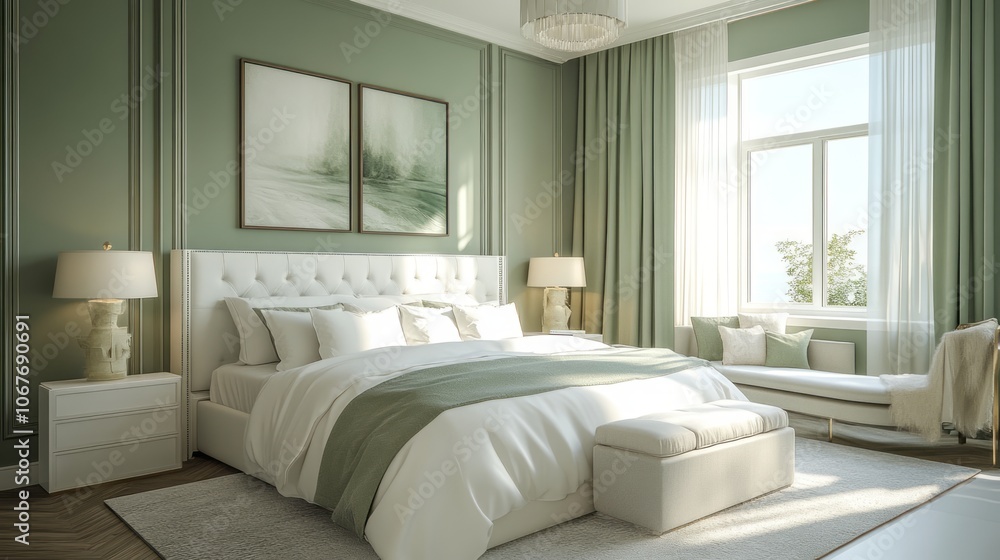 Fototapeta premium A Luxurious Bedroom Interior with Green Accents and a White Bed