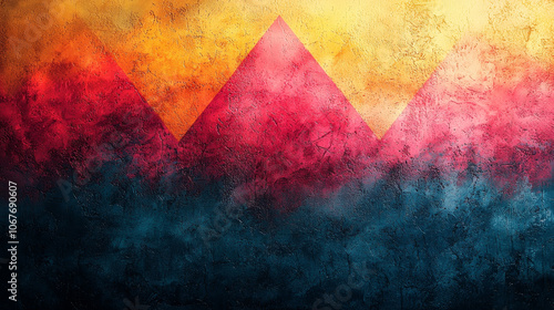 A vibrant abstract depiction of colorful pyramids against a textured background, blending warm and cool hues in a captivating design.