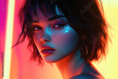 The portrait showcases a young woman with short, tousled hair under neon lights that highlight her expressive face. Blue, pink, and orange tones blend on her glowing skin