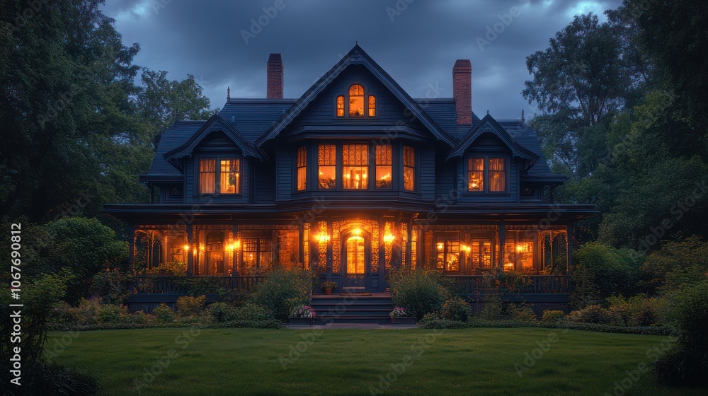 A large Victorian home with lit windows sits on a manicured lawn at twilight. A large Victorian home with lit windows sits on a manicured lawn at twilight.