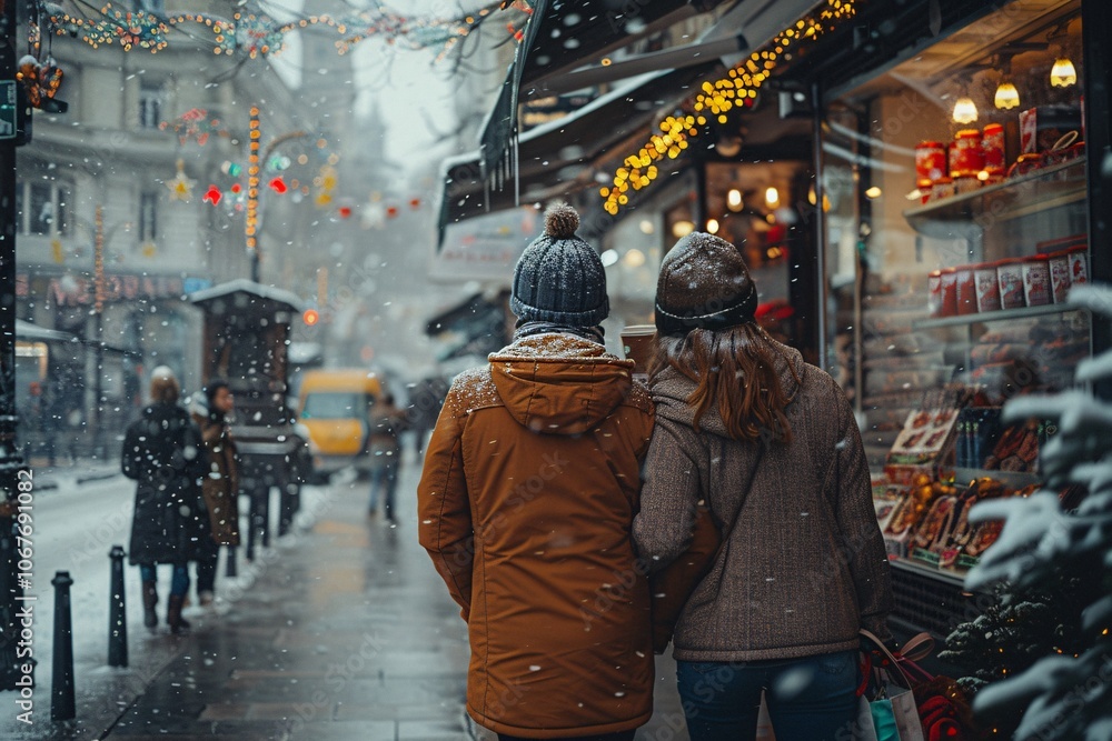 A couple enjoys a chilly day, walking closely together down a snow-covered street. Festive lights brighten shop windows, creating a warm atmosphere amid the winter wonderland A couple enjoys a chilly day, walking closely together down a snow-covered street. Festive lights brighten shop windows, creating a warm atmosphere amid the winter wonderland