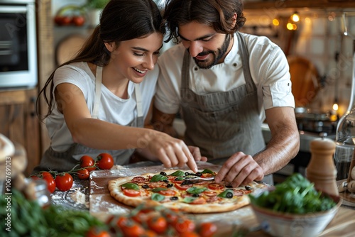 A couple joyfully assembles their homemade pizza using fresh tomatoes and herbs, surrounded by a warm kitchen atmosphere. They share smiles as they create a delicious meal together photo