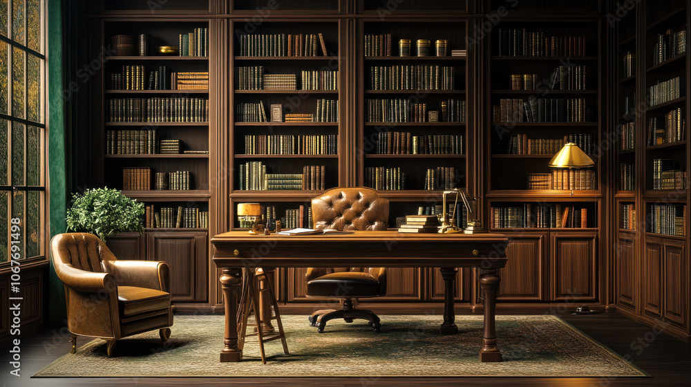 Elegant Study Room with Wooden Desk and Shelves Filled with Books, Leather Armchair, and Vintage Decor for Intellectual Work and Reading Ambiance Elegant Study Room with Wooden Desk and Shelves Filled with Books, Leather Armchair, and Vintage Decor for Intellectual Work and Reading Ambiance