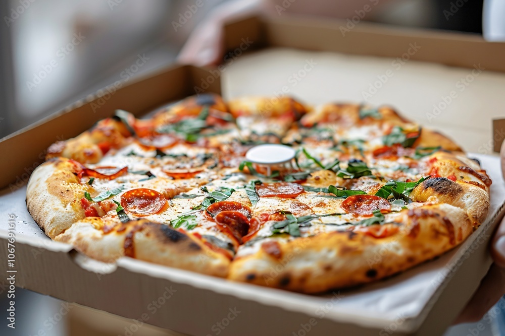 A person holds a pizza box containing a freshly baked pepperoni pizza adorned with fresh basil leaves. The warm, cheesy pizza is ready to be served and enjoyed