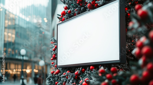 Blank mockup sign in public shopping mall with christmas decorations