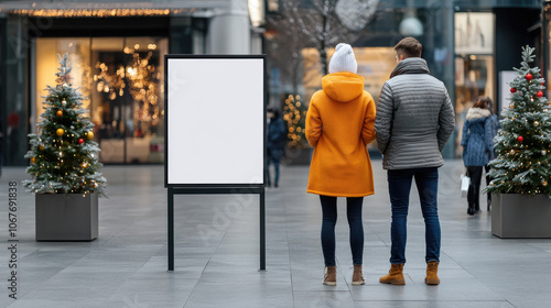 Blank mockup sign in public shopping mall with christmas decorations, People look at a blank mock-up sign photo