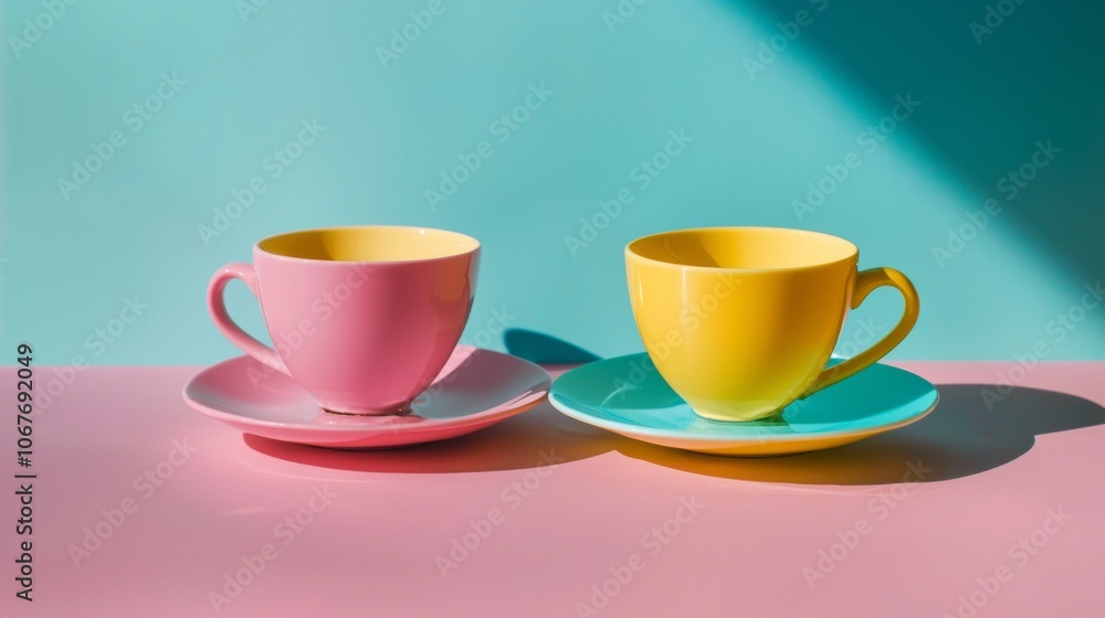 Colorful pastel tea cups with bold shadows on pink background Colorful pastel tea cups with bold shadows on pink background