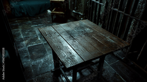 Wooden table stands in a dark, worn-out room with visible wet floor tiles. Concept of solitude, desolation, and confinement.