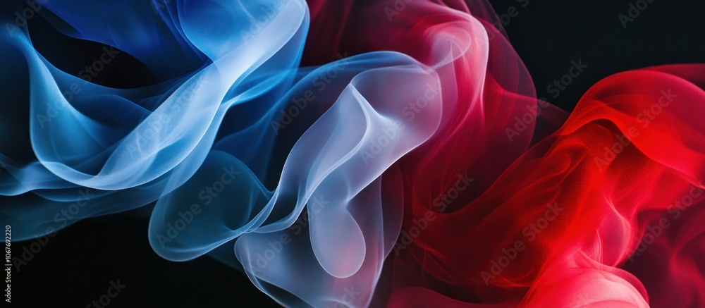 Obraz premium Abstract blue, red, and white smoke swirls on a black background.