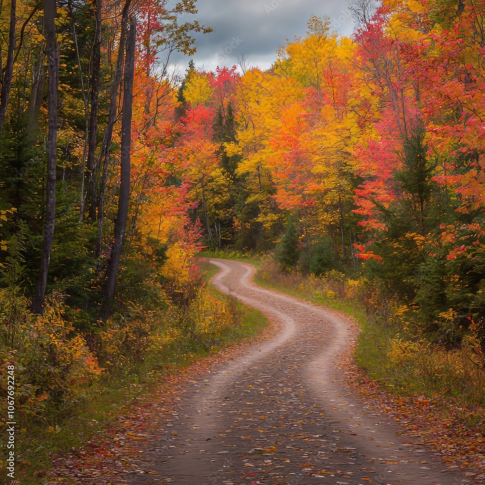 Obraz premium A winding path through vibrant autumn foliage in a serene forest setting.