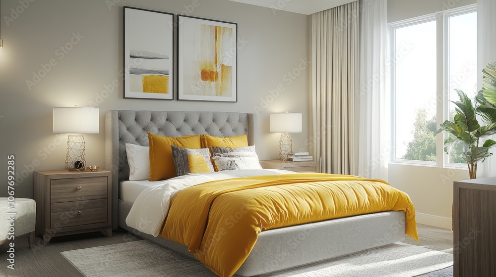 Modern Bedroom Interior with Gray Upholstery and Yellow Bedding Modern Bedroom Interior with Gray Upholstery and Yellow Bedding
